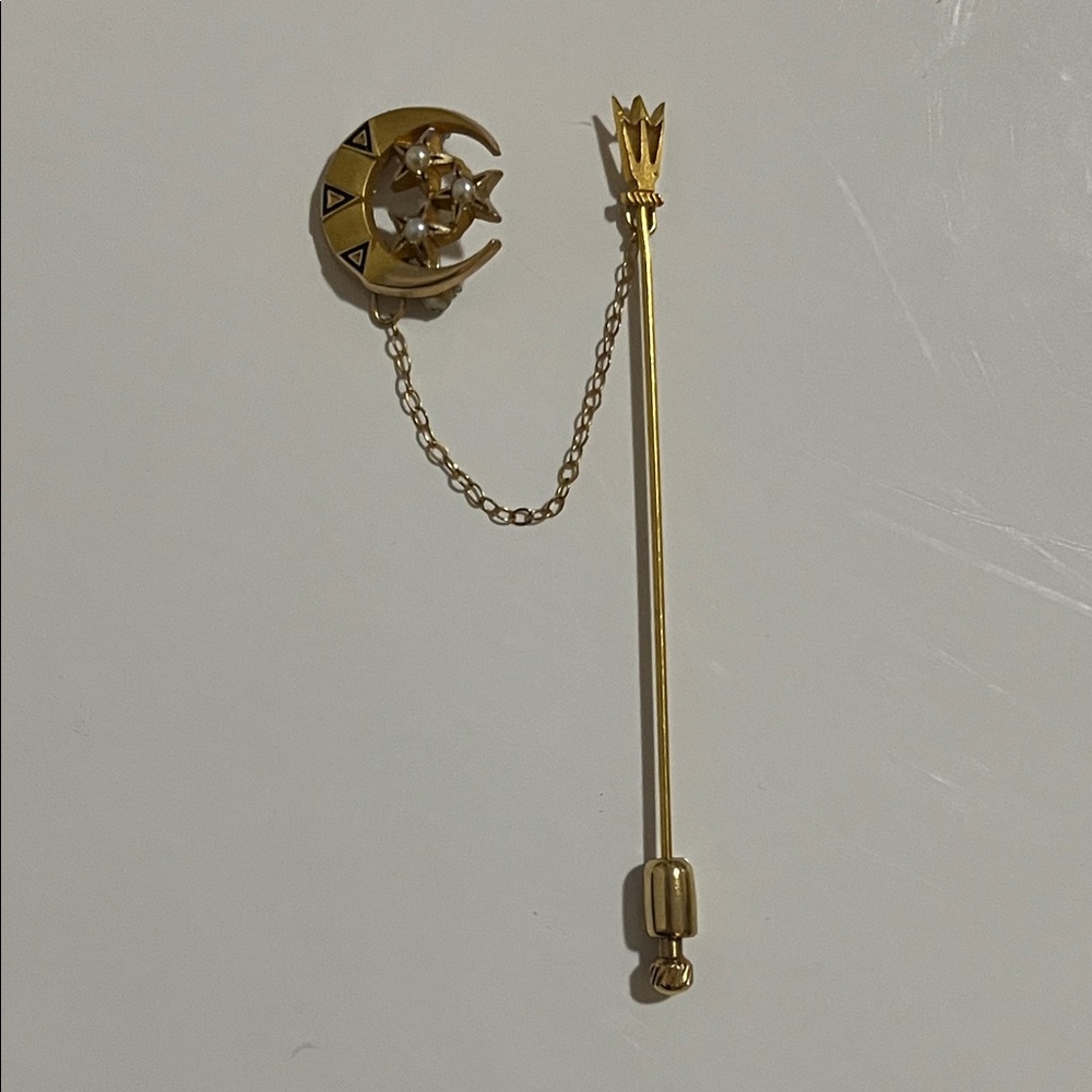 Vintage Art Deco 10K Gold Tri Delta Moon & Star Chain Stick Pin Brooch - Picture 3 of 14